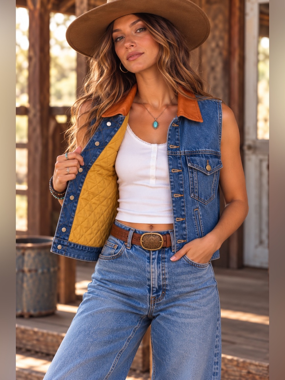 Vintage 80s Unisex Denim Vest Leather Collar Quilted Western L